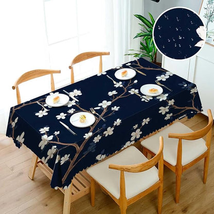 Swono Cherry Blossoms Table Covers 52x70 Inch Branch White Flower Cherry Navy Blue Wipeable Tablecloth Kitchen Dinning Tabletop Decoration, Table Cloth for Outdoor and Indoor Use