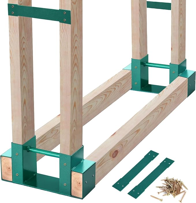 MOFEEZ Outdoor Firewood Log Storage Rack 2x4 Bracket Kit, Fireplace Wood Storage Holder, Adjustable to Any Length - Green, Two Bases