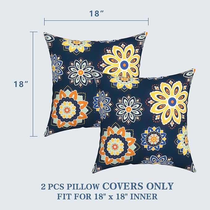LVTXIII 2 Pack Outdoor Pillow Covers ONLY 18x18 Inch, Water-Repellent Square Decorative Cushion Covers for Patio Furniture, Garden, Sofa, Bloom Cobalt