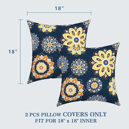 LVTXIII 2 Pack Outdoor Pillow Covers ONLY 18x18 Inch, Water-Repellent Square Decorative Cushion Covers for Patio Furniture, Garden, Sofa, Bloom Cobalt
