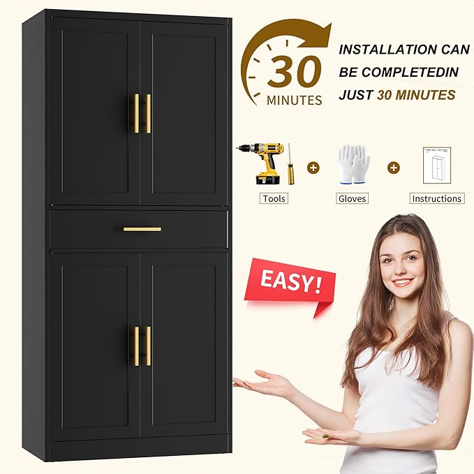 CJF 71" Metal Kitchen Pantry Cabinet with Drawer, Tall Storage Cabinet with 2 Adjustable Shelves and 4 Doors, Heavy Duty Freestanding Floor Cupboard for Home, Kitchen, Dining, Living, Black