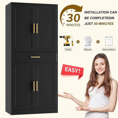 CJF 71" Metal Kitchen Pantry Cabinet with Drawer, Tall Storage Cabinet with 2 Adjustable Shelves and 4 Doors, Heavy Duty Freestanding Floor Cupboard for Home, Kitchen, Dining, Living, Black
