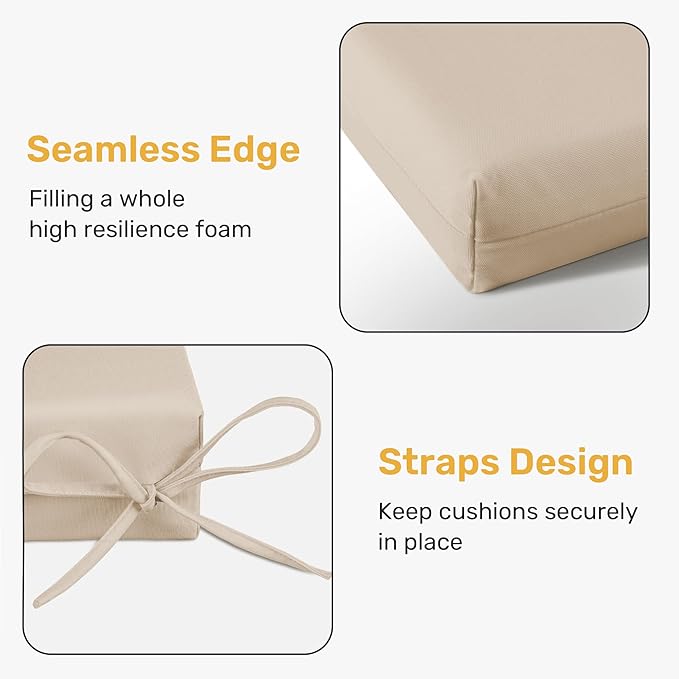 UNIKOME Outdoor Chair Cushions Pack of 4, Water Resistant Patio Cushions with Ties, High Density Sponge Filling Square Corner Seat Cushions for Outdoor Furniture, 24"*24"*4", Beige