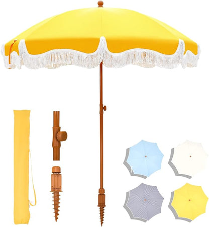 7ft Patio Beach Umbrella with Fringe, Outdoor Umbrella for Poolside, Yellow | MFSTUDIO Tassel Umbrellas UPF50+ with Sand Anchor & Tilt Button, Holiday Outdoor Umbrella with Carry Bag, Ideal for Garden