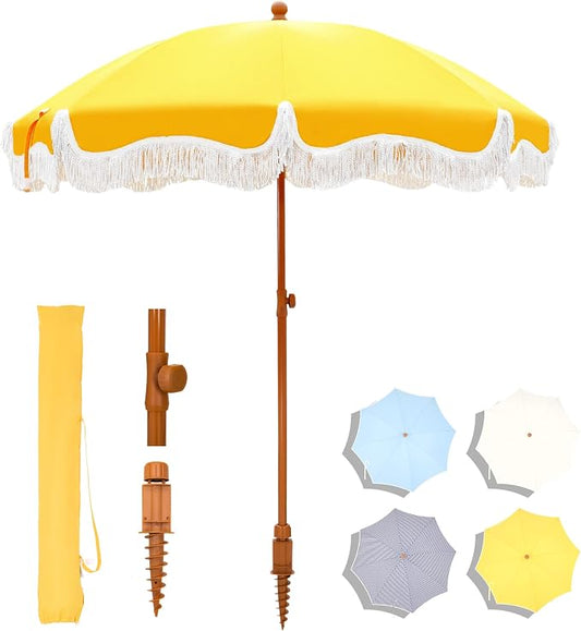 7ft Patio Beach Umbrella with Fringe, Outdoor Umbrella for Poolside, Yellow | MFSTUDIO Tassel Umbrellas UPF50+ with Sand Anchor & Tilt Button, Holiday Outdoor Umbrella with Carry Bag, Ideal for Garden