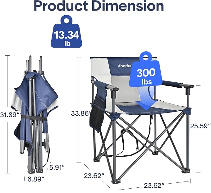 Alvantor Heavy Duty Folding Camping Chair, 300LBS Support Portable Outdoor Chair for Adults Big & Tall, Breathable Mesh, Wide Seat, Sturdy Armrests with Storage Pocket for Camping, Sports Events