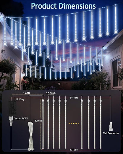 PEMOTech Christmas Lights Outdoor,12-Tube Meteor Shower Lights Outdoor | White Waterproof Icicle Lights, 34.1 FT, 11.8-Inch Tubes, 16.4 FT Cable, Luces Navideñas para Exteriores, Tree & Garden Decor