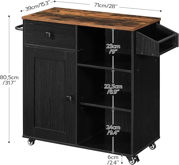 HOOBRO Kitchen Island, Storage Cabinet with Drawer, Kitchen Cart with Spice and Towel Rack, Saving Space, Easy Assembly, for Living Room, Rustic Brown and Black FB12ZD01