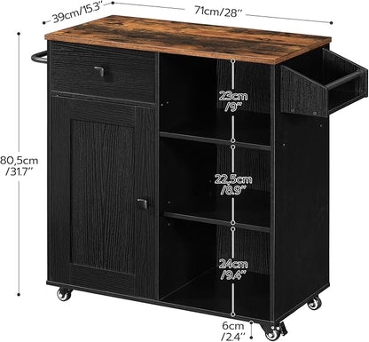 HOOBRO Kitchen Island, Storage Cabinet with Drawer, Kitchen Cart with Spice and Towel Rack, Saving Space, Easy Assembly, for Living Room, Rustic Brown and Black FB12ZD01