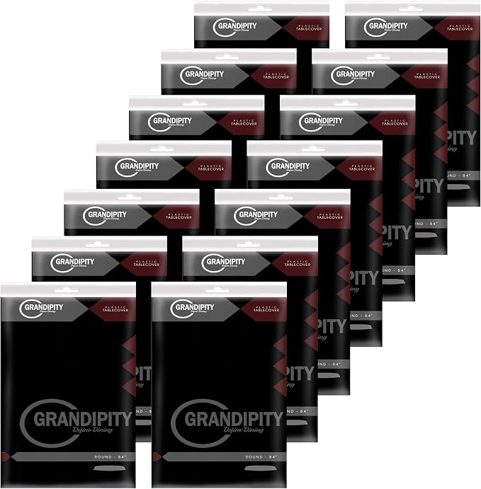 Grandipity 12 Pack Premium Disposable Plastic Tablecloth 84" Inch Decorative Round Table Cover - Black