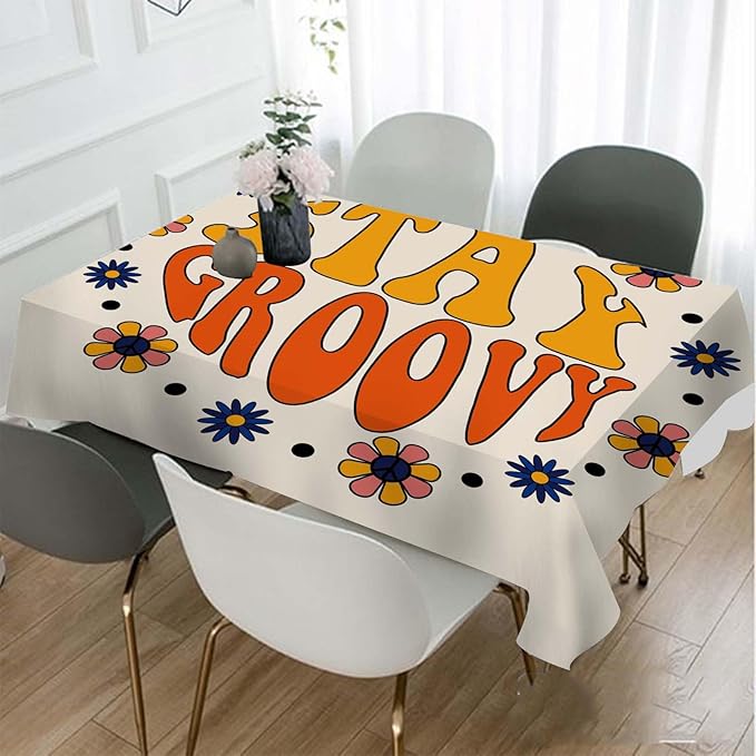 TKS MITLAN Tablecloth Stay Groovy Table Cloth Rectangle Table 60 x 84 Inch Seventies Retro Hippie Flowers in Circle Kitchen Decorations for Home Dinner Party