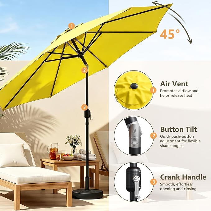 9FT Patio Umbrella,Outdoor Table Umbrella with Push Button Tilt & Crank,Pool Umbrella with Fade-Resistant Canopy, Heavy-Duty Steel Frame, Vented Top, for Deck, Backyard & Market