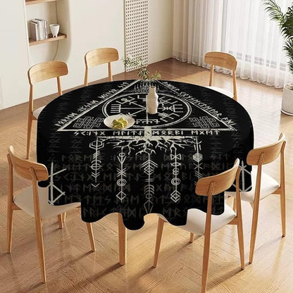 Vintage Viking Pattern Round Tablecloth, Gothic Helm of Terror Scandinavian Viking Seasonal Table Cloth Waterproof Wipeable Table Cover for Picnic Holiday Party Kitchen Dining 50"