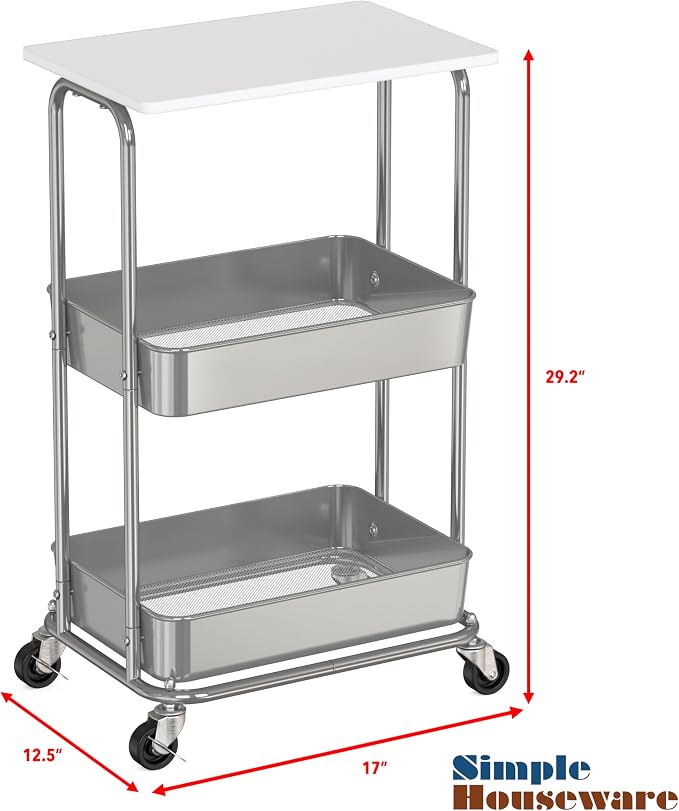 Simple Houseware 2-Tier Rolling Utility Cart Wood Top/Lockable Wheel, White | Metal Storage Organizer Trolley for Kitchen, Bathroom, Office, Craft Room