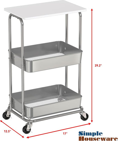 Simple Houseware 2-Tier Rolling Utility Cart Wood Top/Lockable Wheel, White | Metal Storage Organizer Trolley for Kitchen, Bathroom, Office, Craft Room