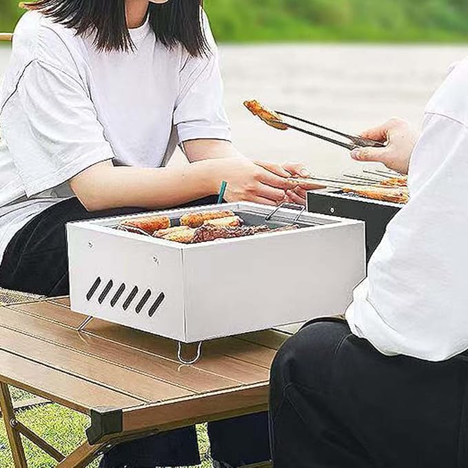 Desktop Charcoal Grill for Picnic, Portable Charcoal BBQ Grill Stove – Iron Hibachi Barbecue Grills, Tea Making Stove Set Tabletop Small Barbecue Grill for Outdoor (White)