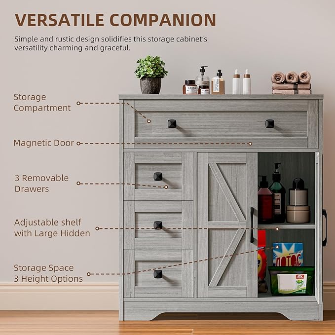 Vabches Farmhouse Storage Cabinet with 2 Doors and 4 Drawers, Freestanding Bathroom Storage Cabinet Kitchen Pantry, Floor Hutch Cupboard for Bathroom/Living Room/Kitchen.(Wash Grey
