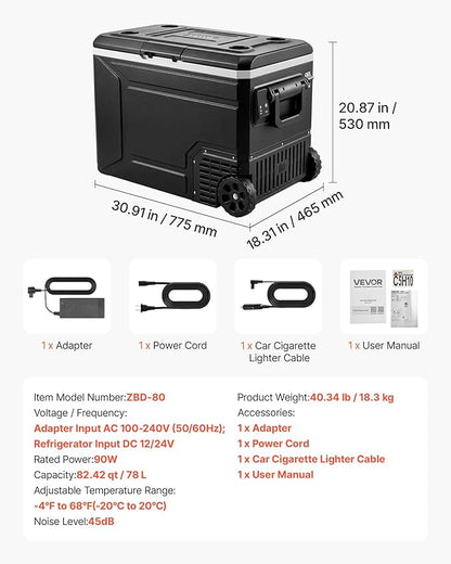 VEVOR 12 Volt Refrigerator, 82.4 QT/ 78L Car Fridge, Portable Electric Freezer Compressor with Handle, APP Control and Wheel, 12V/24V DC 100-240V AC, -4℉ to 68℉, for Truck Van RV SUV Travel Camping