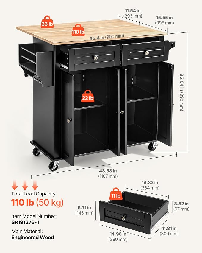 VEVOR Kitchen Island Cart with Storage, 43.58 in Wide Mobile Rolling Storage Island on Swivel Wheels, with 2 Drawers, Storage Cabinet, Drop Leaf, Spice/Towel Rack, Table for Home Dining Room, Black | Home Dining Meal Prep Station With Spice Towel Rack ...