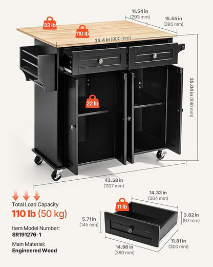 VEVOR Kitchen Island Cart with Storage, 43.58 in Wide Mobile Rolling Storage Island on Swivel Wheels, with 2 Drawers, Storage Cabinet, Drop Leaf, Spice/Towel Rack, Table for Home Dining Room, Black | Home Dining Meal Prep Station With Spice Towel Rack ...