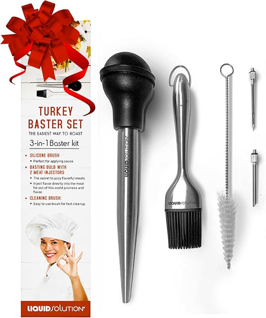 Liquid Solution Turkey Baster 5 Piece Set – Includes Baster for Cooking, Barbecue Basting Brush, 2 Flavor Injector with Cleaning Brush – Great Gift Idea for Thanksgiving