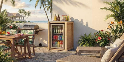MOUMON Outdoor Mini Fridge Cabinet with Stainless Steel Countertop, 24” Solid Cedar Patio Refrigerator Stand, Oak 27.6”W x 23.6”D x 37.4”H