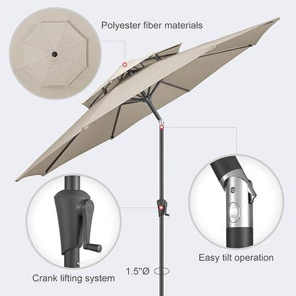 9ft Outdoor Patio Umbrella - 2-Tier Table Umbrella Waterproof UV Protection, Sombrillas de Patio with Push Button Tilt, Sun Umbrella for Pool, Porch, Garden, Backyard (Taupe)