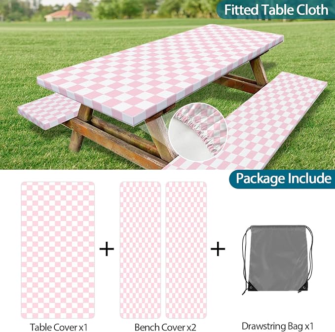 Picnic Table Cover with Bench Covers and Bag, Pink and White Checkered Gingham Buffalo Plaid Camping Tablecloth Cover Waterproof Windproof Elastic Edges Fitted Tablecloths for Outdoor 3PCS 30x72 Inch