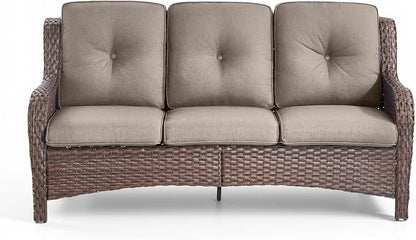 Rilyson Outdoor Patio Wicker Sofa, 900Lbs Weight Capacity Large 3 Seater Wicker Patio Couch with 4in Seat Cushions and Deep Seating, All Weather for Backyard, Garden, Poolside (Brown/Grey)