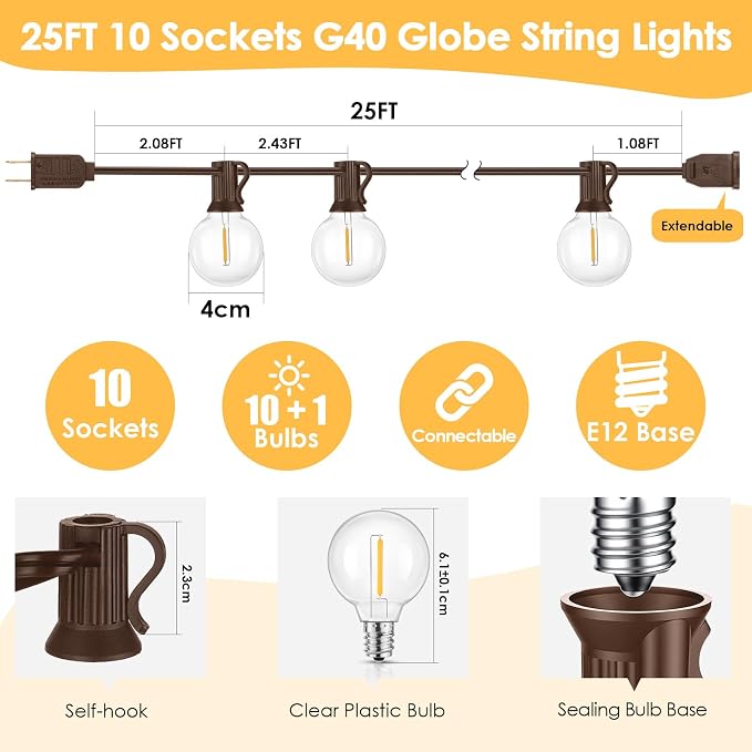 Mlambert 25FT G40 LED Outdoor String Lights, Plug-in Waterproof Patio Lights with 10 LED Bulbs (1 Spare), Porch Lights for Backyard Party Decor, Brown