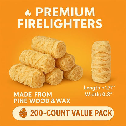 200 PCS Natural Wax & Sawdust Fire Starters – All-Weather Charcoal Starters for Campfires, Grill, Fire Pit, Indoor Fireplaces, BBQ, Wood Stove, Smoker