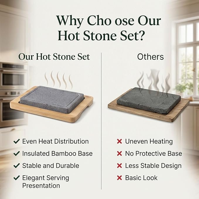 Artestia Steak Stone Set, 2PCS Volcanic Lava Stones, 8.46 x 6.49 in | Hot Stone Cooking Set with Bamboo Trays for Tabletop Sizzling Steak, Meat, Seafood & Vegetables, Restaurant-Style Dining
