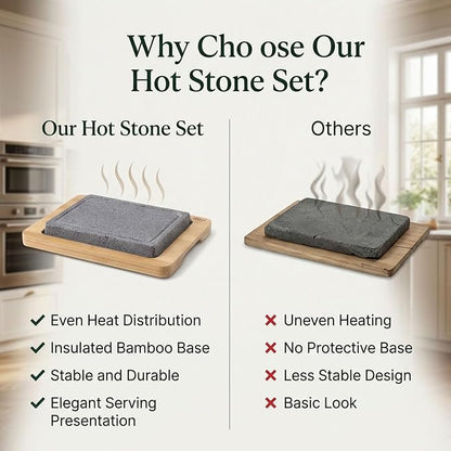 Artestia Steak Stone Set, 2PCS Volcanic Lava Stones, 8.46 x 6.49 in | Hot Stone Cooking Set with Bamboo Trays for Tabletop Sizzling Steak, Meat, Seafood & Vegetables, Restaurant-Style Dining