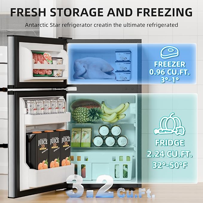 Antarctic Star 3.1 Cu.Ft.Compact Refrigerator,Mini Fridge with Freezer,2-Door with Adjustable Removable Shelves For kitchen/Apartment/Dorm/Office,SILVER