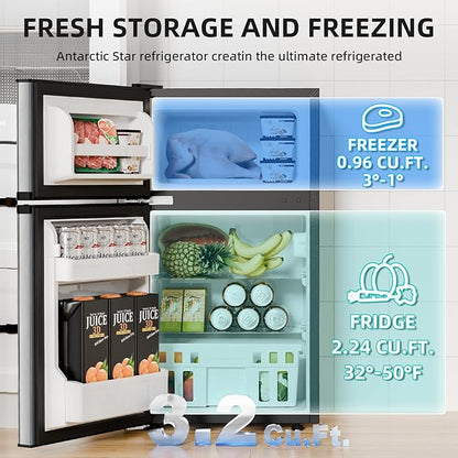 Antarctic Star 3.1 Cu.Ft.Compact Refrigerator,Mini Fridge with Freezer,2-Door with Adjustable Removable Shelves For kitchen/Apartment/Dorm/Office,SILVER