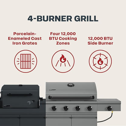 Tytus Anaheim 4-Burner Gas Grill with Prep Cart and Charcoal Grill + Cover, Light, Griddle Insert - Modular Outdoor Kitchen, Quick Assembly, Outdoor Cooking, Kitchen Island for BBQ