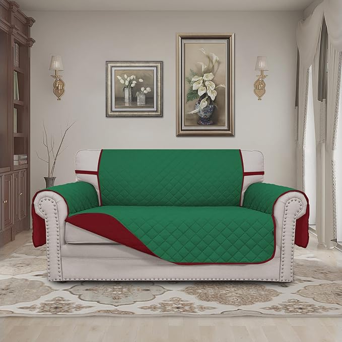 Easy-Going Reversible Couch Cover, 2 Cushion Sofa, Green/Christmas Red | Loveseat Slipcover For Dogs, Water Resistant Furniture Mat, Living Room, Non-Slip Sofa Cover, Pet Friendly