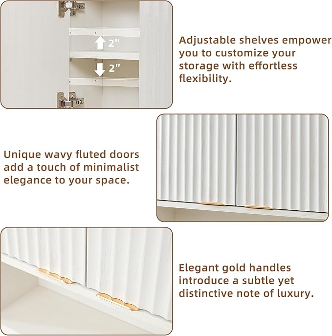 LEYAOYAO Fluted Bathroom Wall Cabinet, Wall-Mounted Medicine Cabinet with Adjustable Shelf & Doors, Farmhouse Floating Over the Toilet Storage Cabinets for Laundry Room, Kitchen, Living Room (White)