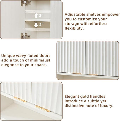 LEYAOYAO Fluted Bathroom Wall Cabinet, Wall-Mounted Medicine Cabinet with Adjustable Shelf & Doors, Farmhouse Floating Over the Toilet Storage Cabinets for Laundry Room, Kitchen, Living Room (White)