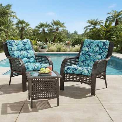 Outdoor Tufted High-Back Chair Cushions, One-Piece Hinged Seat and Back Design, Reversible with 4 Ties, Durable Polyester Fabric, Recycled Fiber Fill - Set of 2, Botanical Crestwood