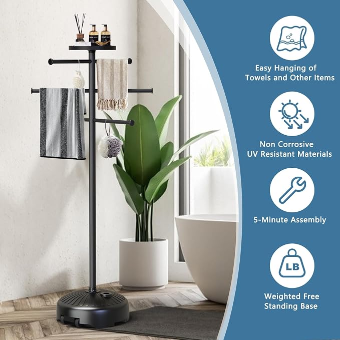 Pool Towel Rack with Wheels and Storage Tray for Indoor Outdoor Use | 6 Adjustable Bars, Storage Tray, Wheels and Fillable Base for Poolside Use.