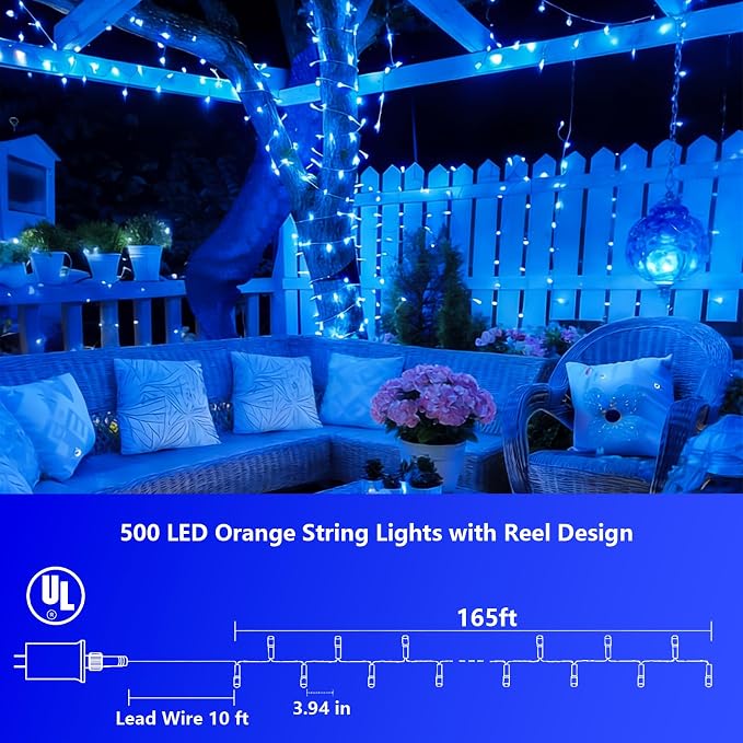 YEGUO 165ft 500 LED Blue String Lights Outdoor Waterproof, Clear Wire Christmas Lights Indoor Plug in, 8 Modes Fairy Light for Bedroom Classroom Party Wedding Tree Decor