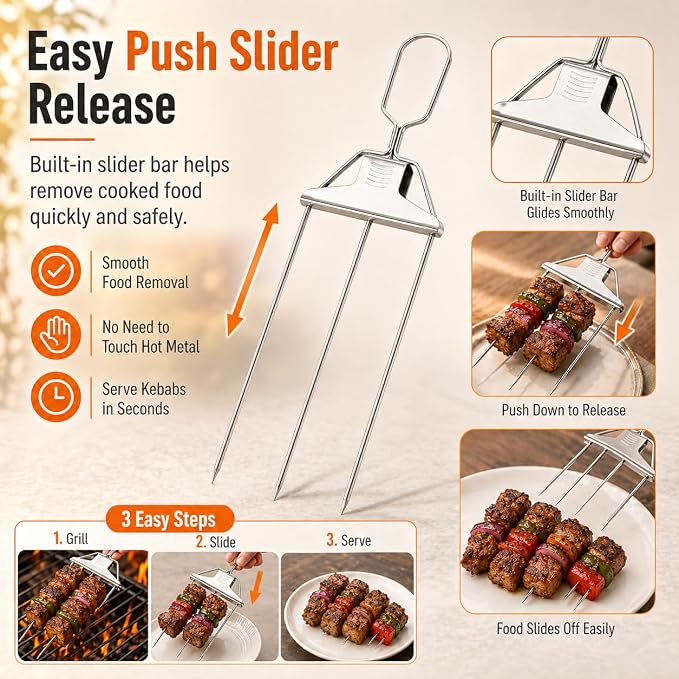 3 Prong BBQ Skewers for Grilling, 14.7 Inch Stainless Steel Kabob Skewers with Push Slider Bar, Reusable Metal Grill Skewers for Meat,Vegetables, Outdoor Barbecue Accessories (1 Fork + 1 Bag+1 Brush)