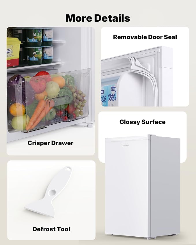Upstreman 3.2 Cu.Ft Mini Fridge with Freezer, White-BR321 | Adjustable Thermostat, Energy Saving, Low Noise, Reversible Door, Small Refrigerator for Dorm, Bedroom, Office