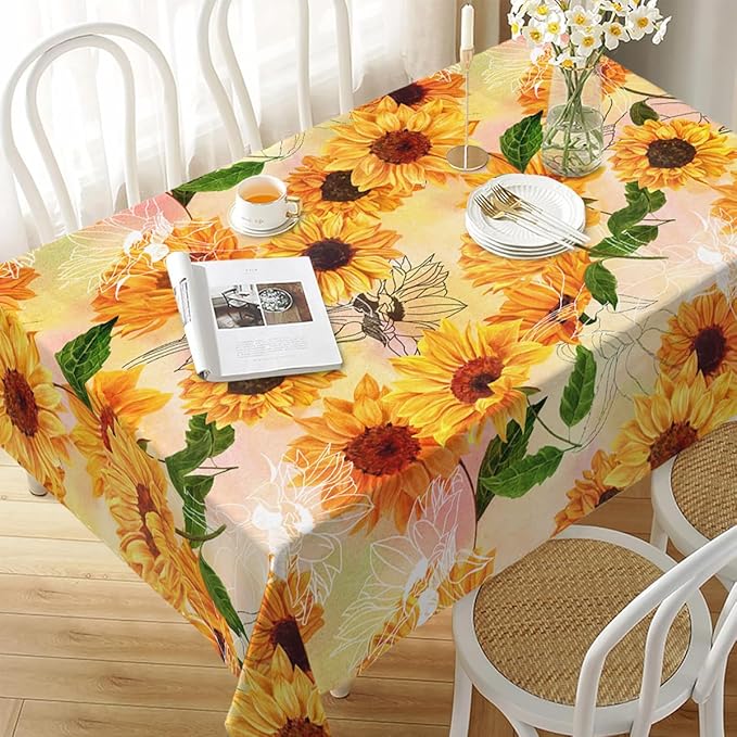 Decorative Rectangle Table Cloths Yellow Sunflower Watercolor Vintage Floral Tablecloth Table Cover for Dining/BBQ/Picnic/Coffee Table 52 X 70 Inches, Tbcth-014, GSRY-TB-HY0418-00134