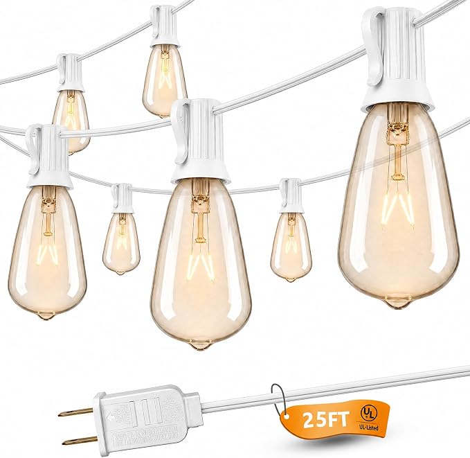 SUNSGNE 25FT Outdoor Edison Bulb String Lights with 27 Clear Edison Bulbs, ST35 Vintage String Lights for Patio, Garden, Backyard, Porch, Bistro Party Decoration, E12 Socket Base (White Wire)
