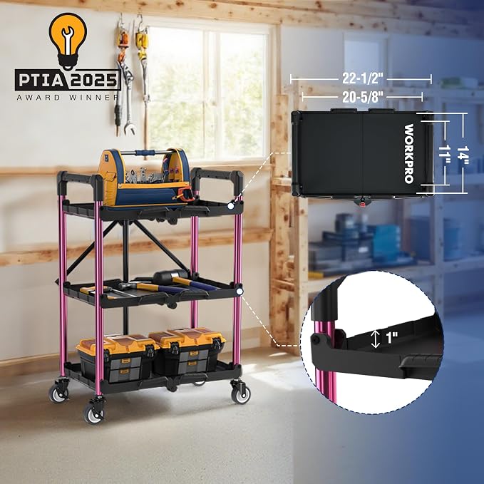 WORKPRO 3-Tier Collapsible Utility Cart, 210 LBS Cart with Wheels | No Assembly Required, Foldable Service Cart with Spacious Shelves for Garage, Warehouse, Office & Home Use, Black/Pink