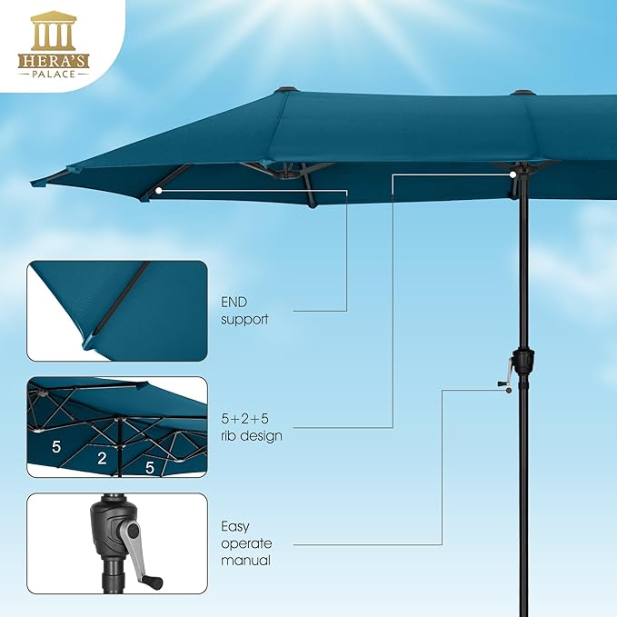 13 ft Large Double-Sided Patio Umbrella, Outdoor Umbrella, Cerulean | HERA'S PALACE Rectangular Umbrella, Market Umbrella with Crank Handle, Powerful UV Protective for Beach Pool Garden Backyard