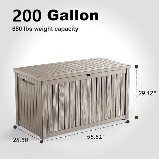 200 Gallon Outdoor Storage Box Waterproof - Outside Resin Deck Box, Lockable Storage Bin for Patio Furniture,Garden Tools,Cushions,Pool Accessories(Grey)