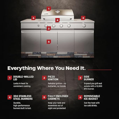 Tytus Fresno 5-Burner Propane or Natural Gas Island Grill – 864 sq. in. Cooking, 48,000 BTU Main + 12,000 BTU Side Burner, Porcelain Grates, Storage Cabinets, Semi-Portable - SS/Ash Stone Deluxe Kit